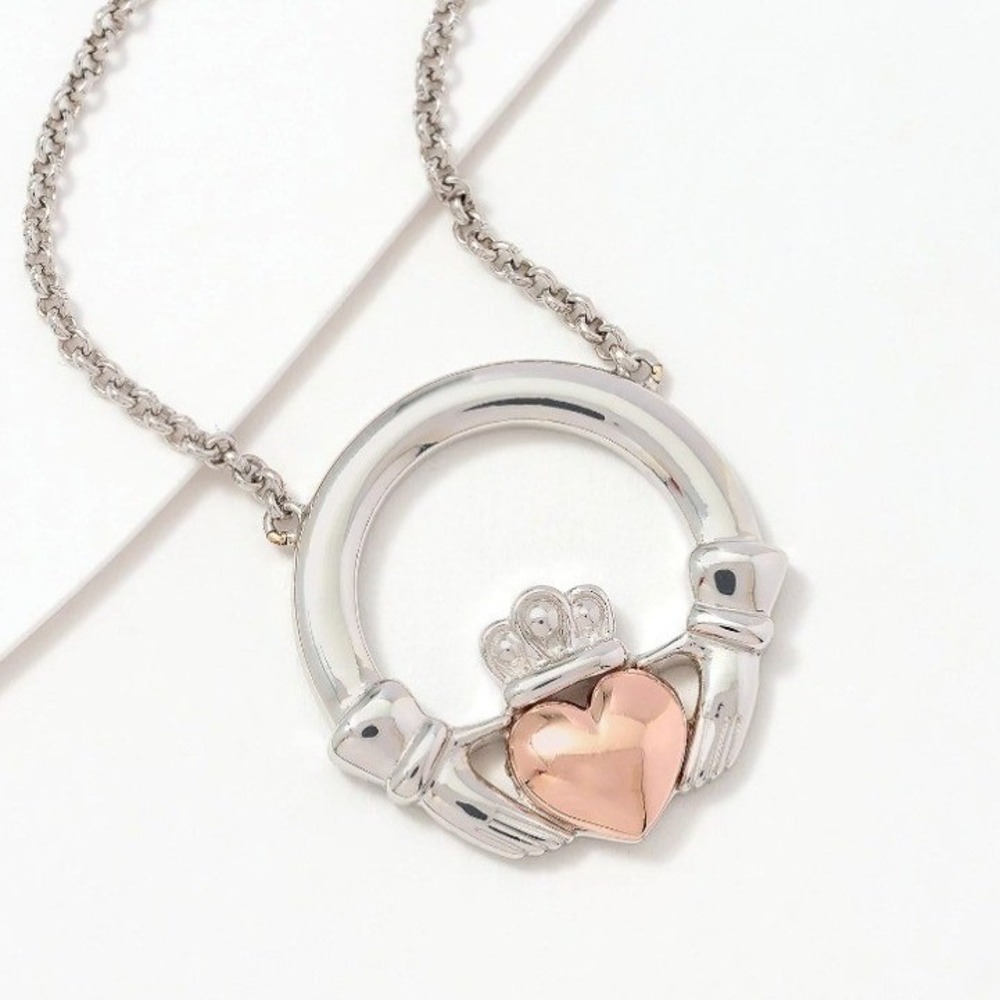 Solvar Sterling Silver Claddagh Necklace with Rose-Gold-Plated Heart QVC J429702